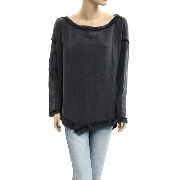 Free People Conrad Pullover Sweatshirt Top Off Shoulder Cotton Black S 283627 - Picture 4 of 8